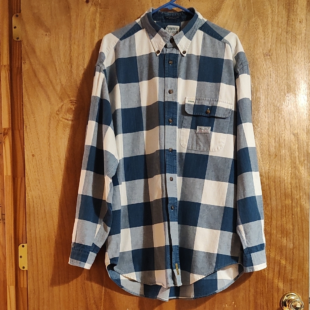 Vintage Tommy Hilfiger Mens Plaid Denim Button-Up Shirt Blue White 100% Cotton L
